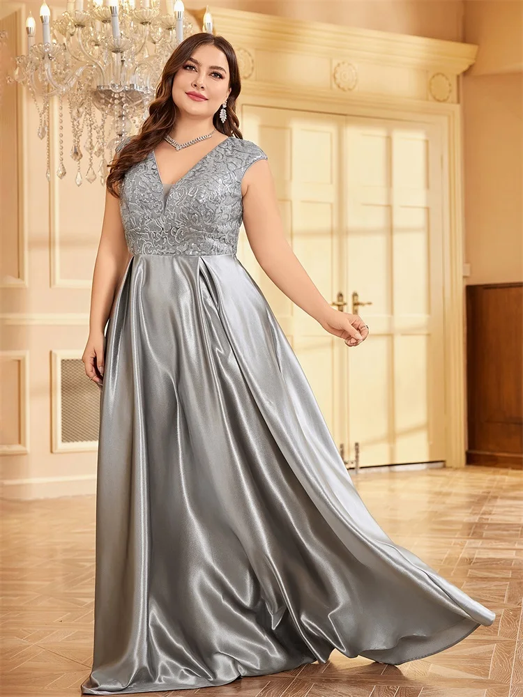 XUIBOL Plus Size Luxus Grau Satin V-ausschnitt Abendkleid Elegant 2024 Frauen Hochzeit Party Prom Bodenlangen Cocktailkleid