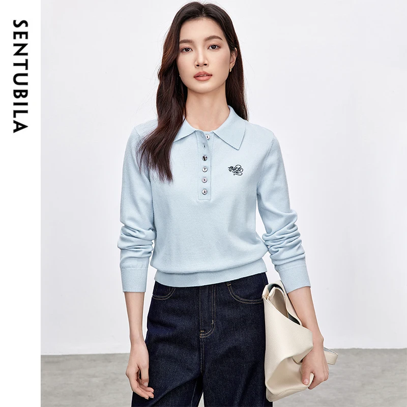 SENTUBILA Spring Womens Polo Shirts Preppy Style Embroidery Wool Blend Grey Long Sleeve Knitwear 2025 Spring New W51H87883