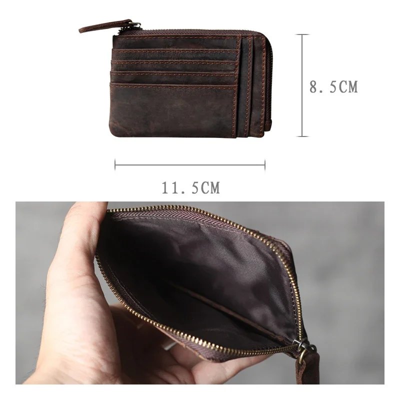 Handmade Vintage Crazy Horse Leather Mens Designer Wallet Slim Zipper Coin Bag ID VIP Credit Card Holder Small Simple Pouches