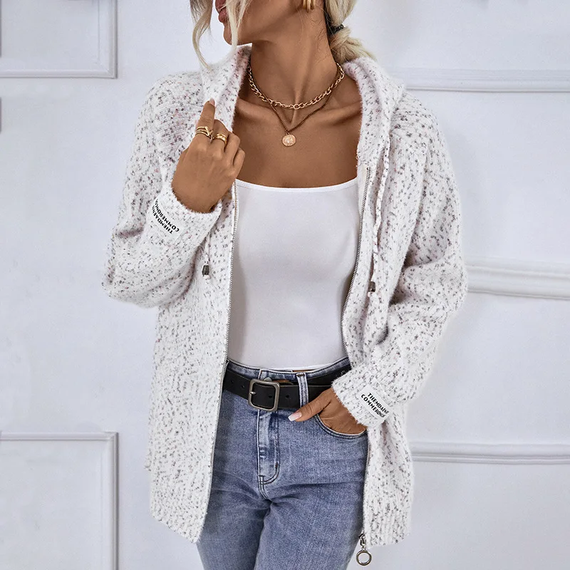 Hooded Drawstring Women's Zipper Knitted Sweater 2025 Autumn and Winter New European and American Sweater Cardigan Jacket