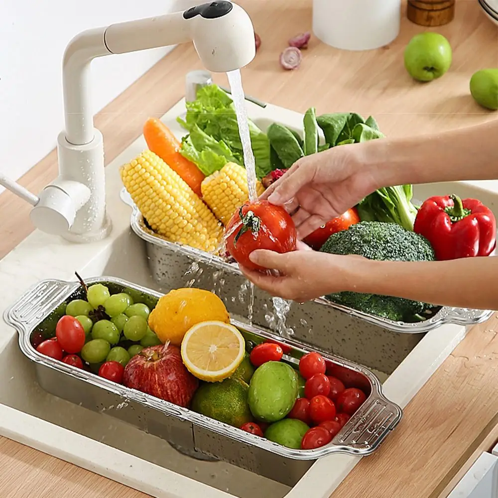 

Выдвижная сливная корзина для овощей, утолщенная выдвижная сушилка для посуды из нержавеющей стали 304, универсальное дно сливного отверстия