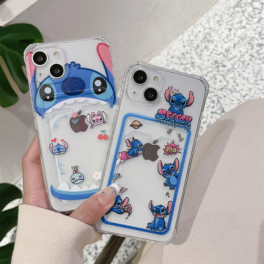 Cute Cartoon Anime Stitch etui na telefony dla IPhone 11 12 13 14 Pro Max X XR XS 7 8 Plus miękka Tpu portfel pokrywa posiadacz karty