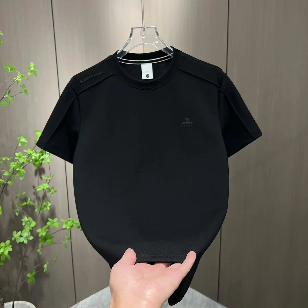 세련된 라운드넥 자수 슬림핏 반팔 티셔츠 남성 캐주얼 무지 반팔 여름 신상품