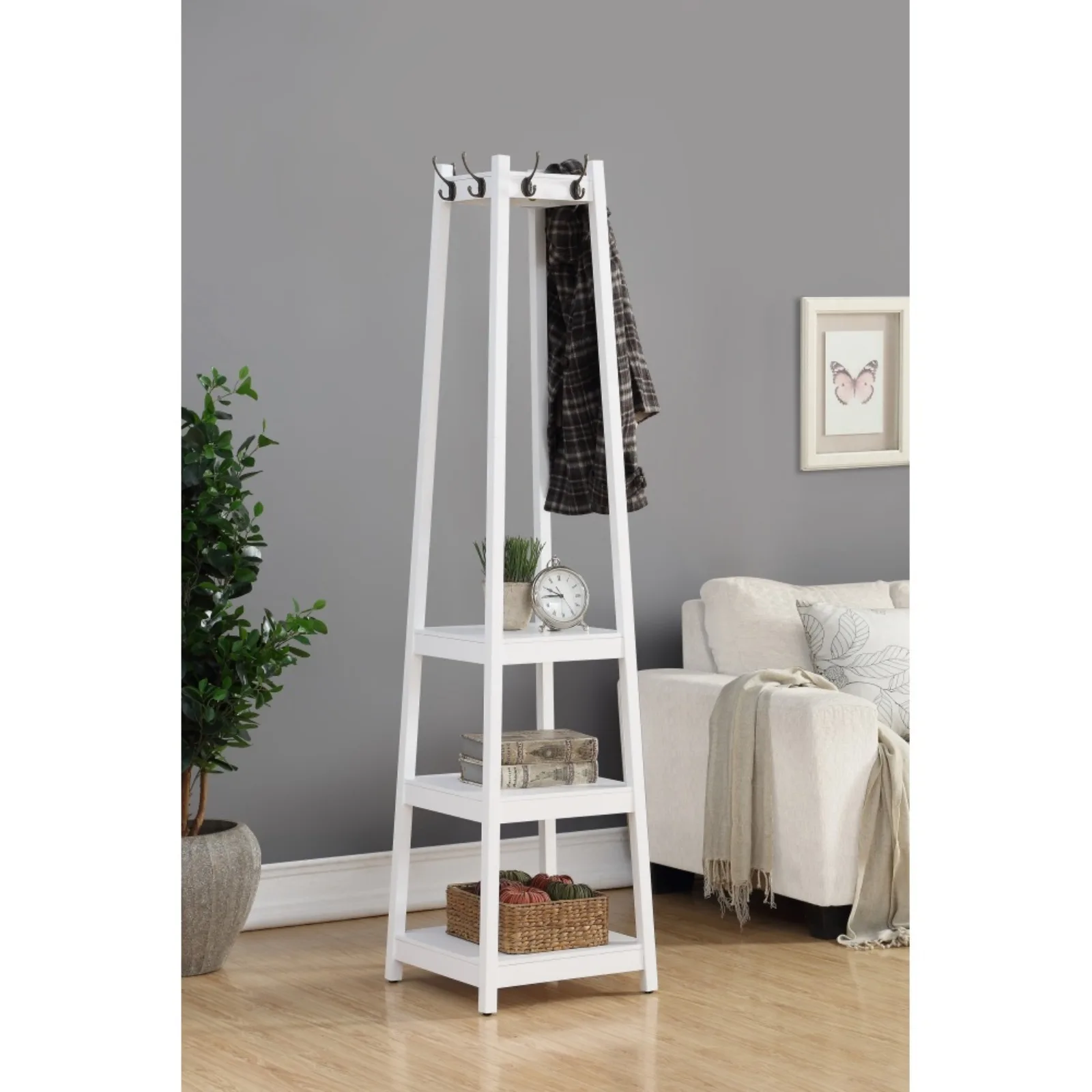 Coat Rack with 3-Tier Storage Shelves - Stylish White Finish for Entryway or Hallway Organization