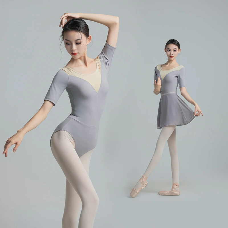 Aerial Ballet Leotard for Women Mid Sleeve Spliced Mesh Fishtail Collar Gymnastics Autumn Student Teacher Basic Practice Dancer