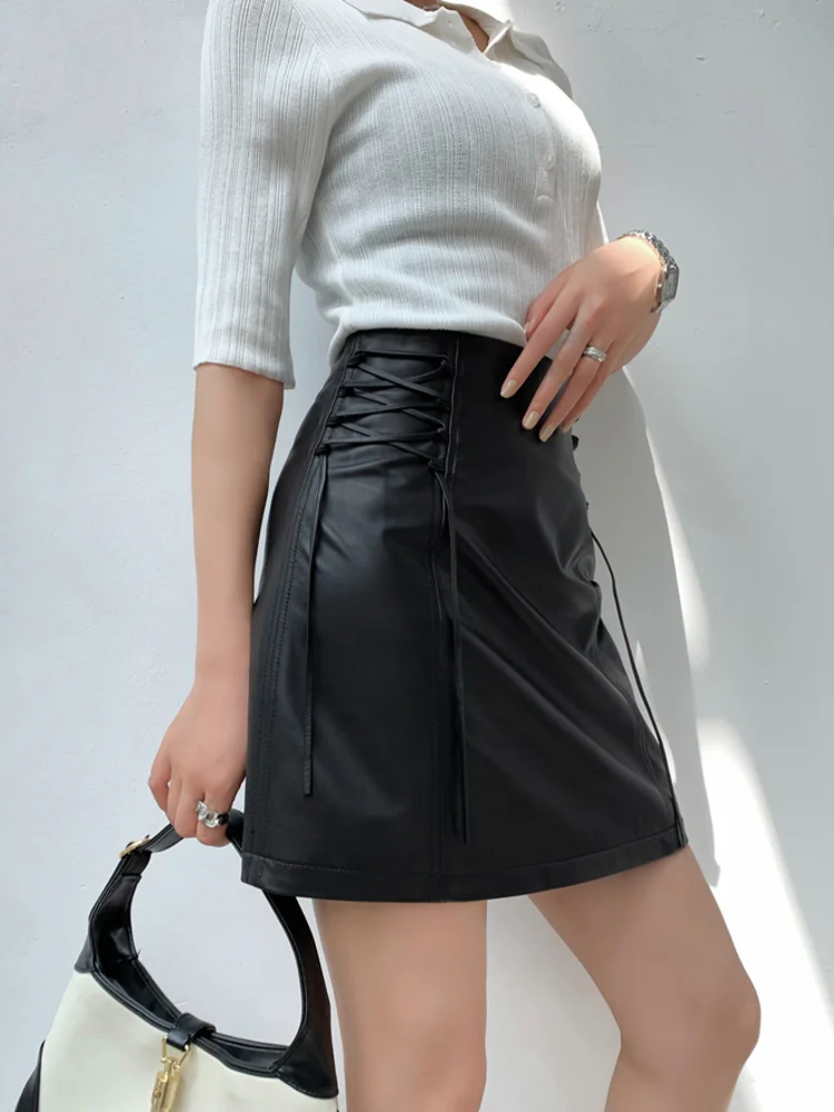 Sexy Women A Line Short Mini Skirt Ladies Soft Sheepskin High Waist Side Lace Up Skirts Spring 100% Genuine Leather Wrap Skirt