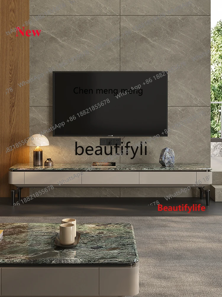 Mueble de TV de lujo ligero de estilo italiano A32, mesa de centro de mármol con diamantes de platino Natural, mueble de TV