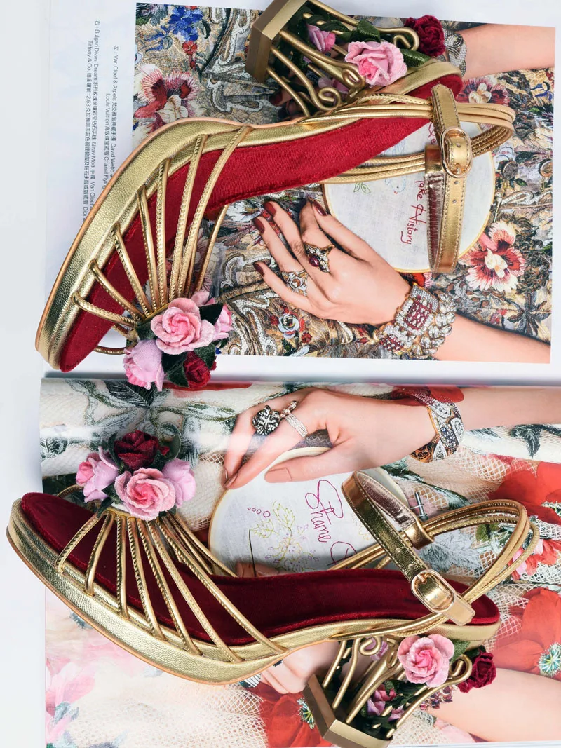 Luxury Golden Fretwork Bird Cage Heel Pink Red Rose Velvet Flowers Weddding Sandals Ankle Strap High Heels Banquet Summer Shoes