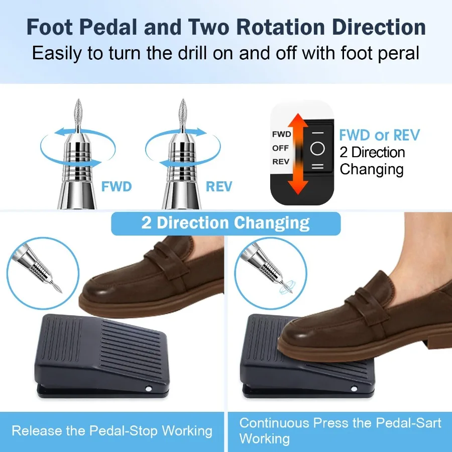 Profesjonalna elektryczna frezarka do paznokci 35000RPM z pedałem nożnym do manicure i pedicure z akrylu i żelu, wyświetlacz LCD, narzędzie Efile De