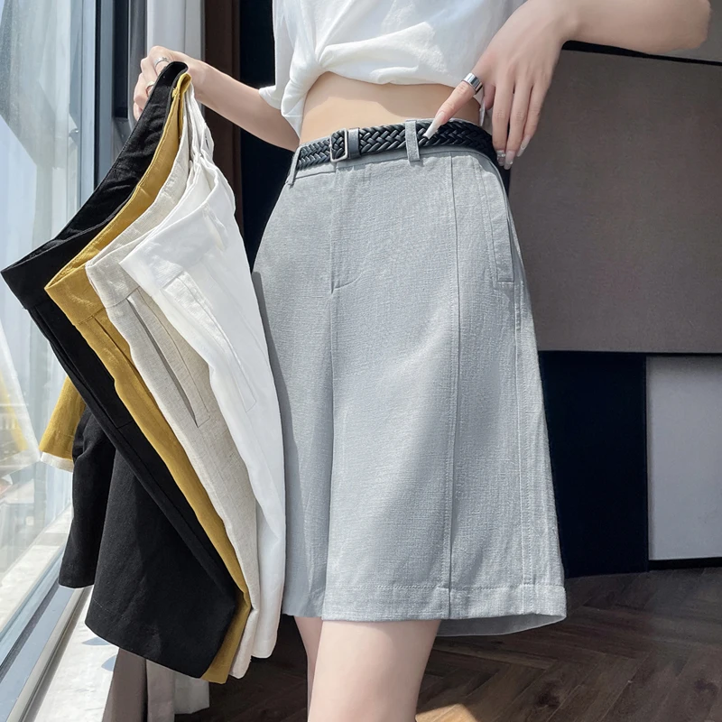 

High Waist Linen Wide Leg Pants Women's Summer New Loose Lazy Style Five-Point Straight Cut Casual Trousers