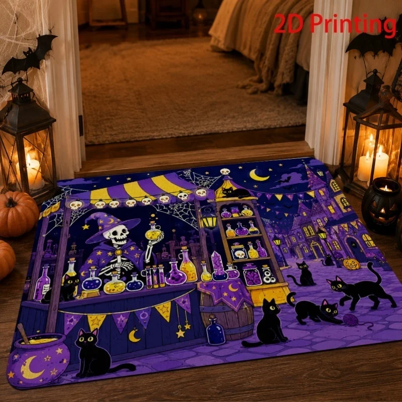 Newest Doormat Skeleton Witch Potion Shop Black Cat Castle Print Halloween Doormat Non Slip Washable Front Door Rug