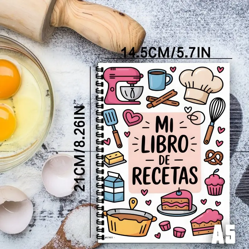 A5 Spanish Recipe Spiral Notebook,Suitable for Home Cooking, Baking and Home Chefs, Fashion Recipe Book, Gift for Food Lover