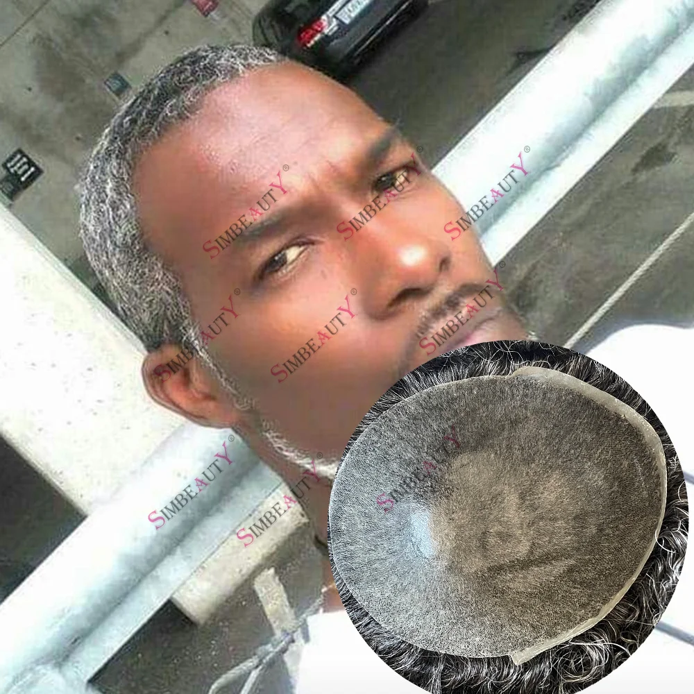 Grey Afro Black Man Human Hair 360 Wave African Toupee Super Durable Full PU Base 8mm Deep Curly Human Hair Prosthesis System