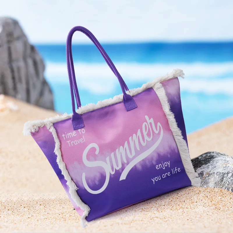 

Fashionable women's letter printing lace tassel one-shoulder tote bag casual travel large capacity canvas embroidered beach bag