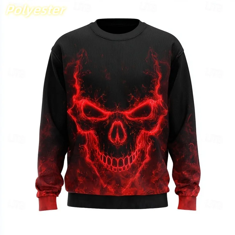 Flame Skull Pattern Hoodie For Men Skeleton 3D Printed Pullover Autumn Street Long Sleeve O-Neck Hoodies Oversized Mens clothing