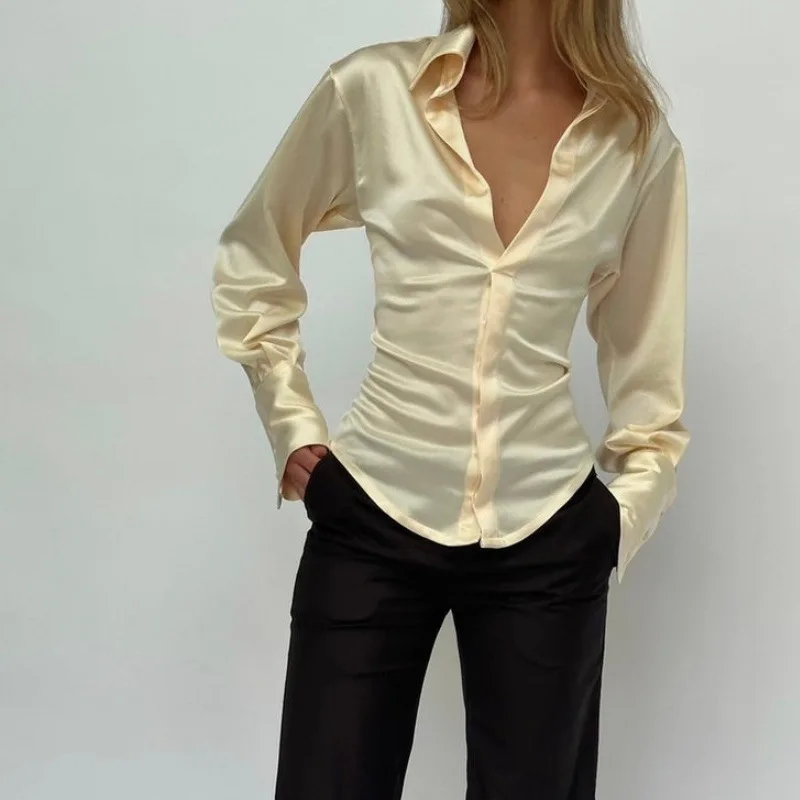 Chemise à manches longues en satin simulé pour femmes, haut à revers sexy, mode, automne, nouveauté, 2024