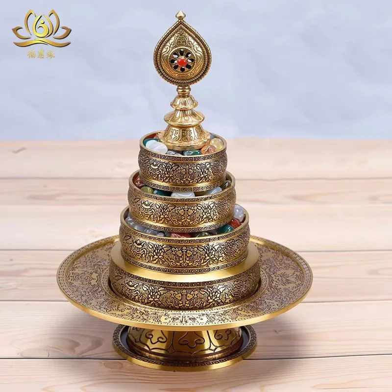 Pure copper tray, exquisitely hand-carved, for Buddhist altars, featuring Seven Treasures of the Mandala, a decorati