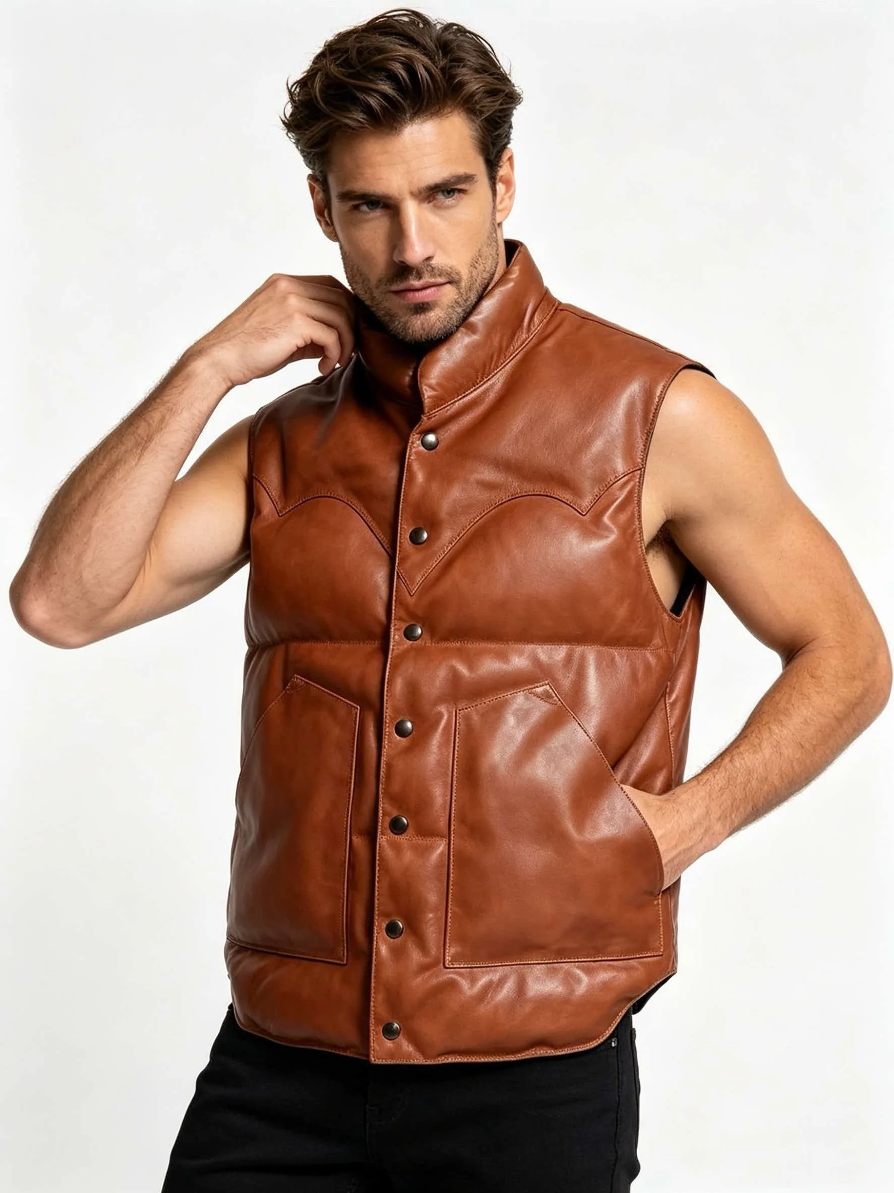 Brown Winter Leather Vest Men Retro Style Plus Size 5XL Genuine Natural Sheepskin Stand Collar Single Breasted Warm Down Vest
