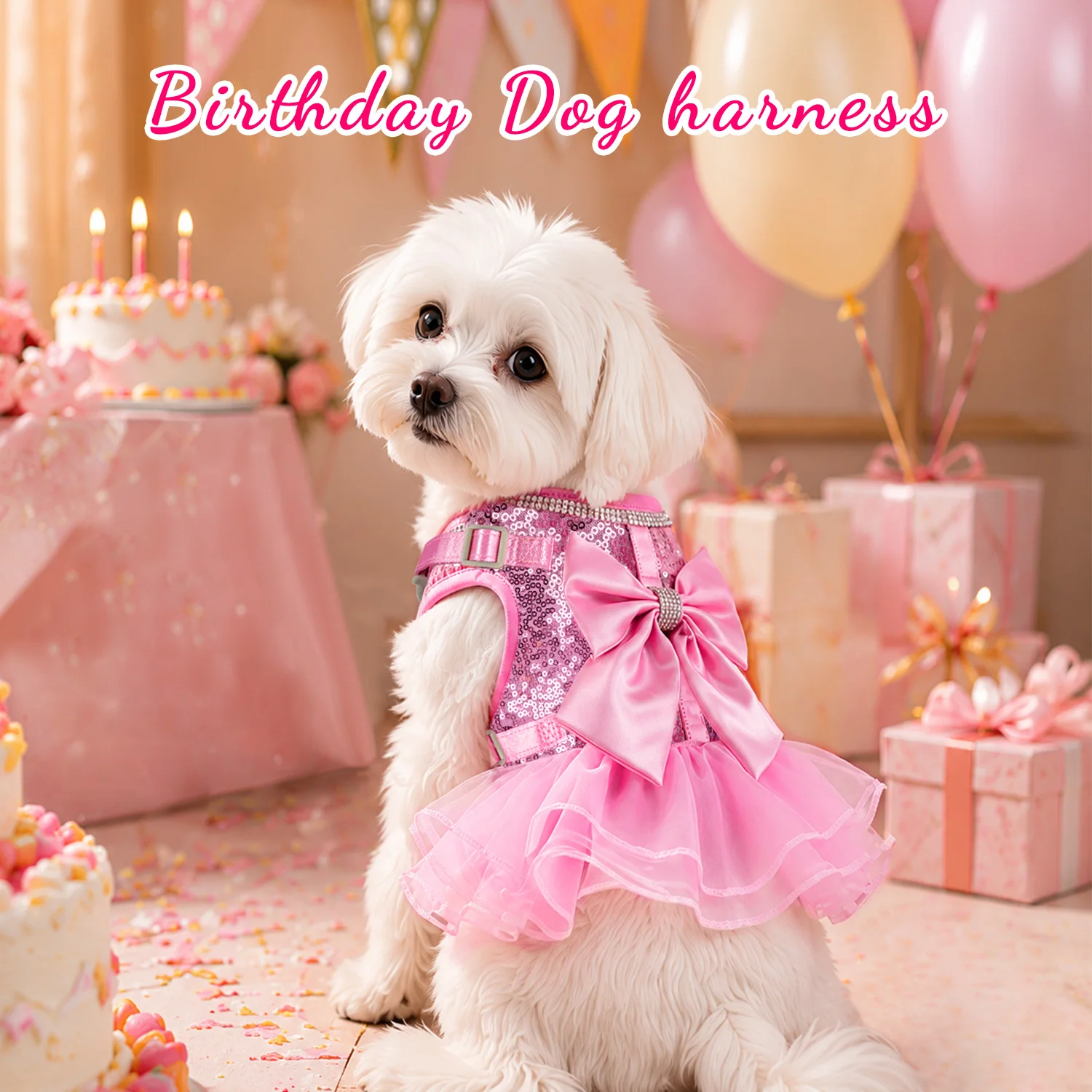 Bowknot Dog Harness Leash Set Shining Cat Puppy Birthday Dresses Pet Wedding Vest Harnesses With Lead For Small Medium Dogs Pink