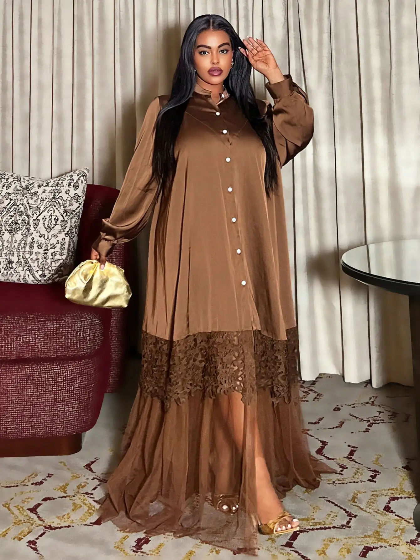 

Женское платье больших размеров с длинными рукавами, на пуговицах, с кружевным подолом и сетчатой накладкой, свободного кроя, повседневное, макси