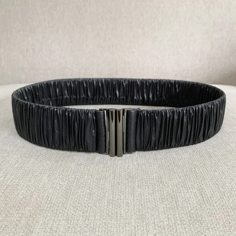

Lady Pu Pleated Elastic Waist Belt Fashion Casual Luxury Design Cinch Stretch Waistband Buckle Jacket Puffer Coat Retro Belt