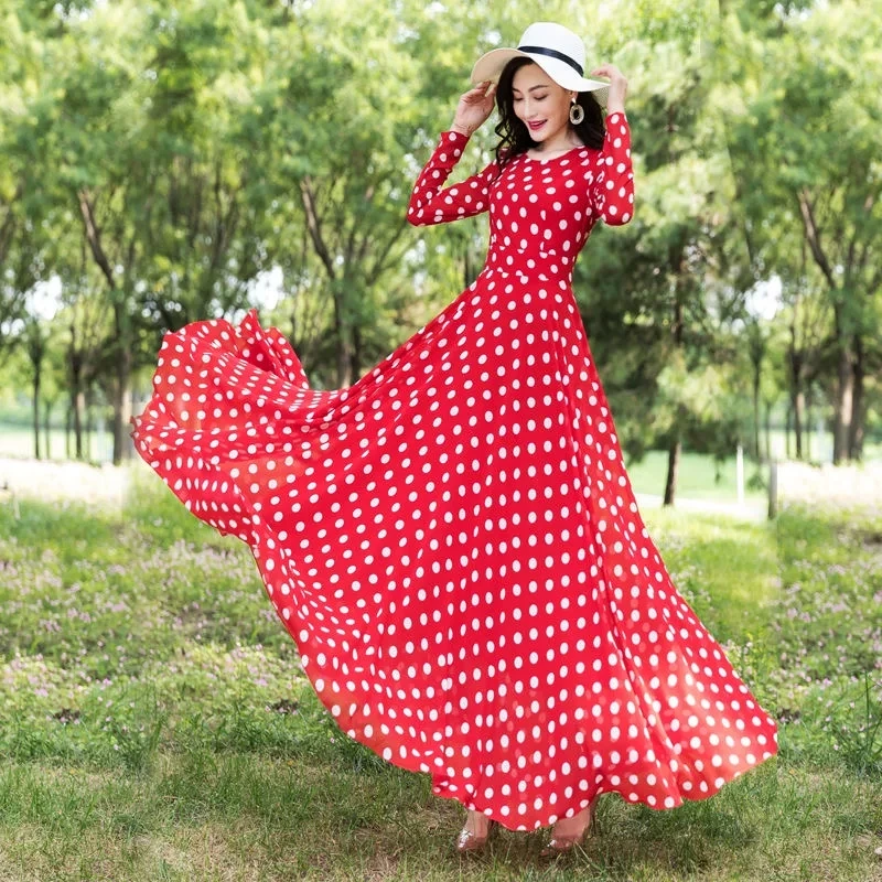 Damen Polka Dot Maxikleid Langarm O-Ausschnitt Taillierte Passform Fließender Chiffon Freizeitkleid für Sommer Alltag Urlaub Pendeln 2026