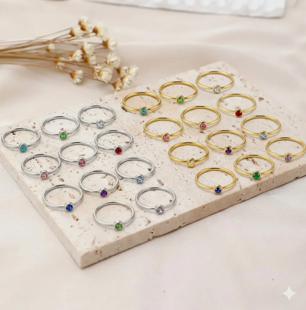 Luxury 12 Birthstone Rings Set for Women Gold Silver Plated Stainless Steel Stackable Crystal Finger Ring Waterproof Jewelry