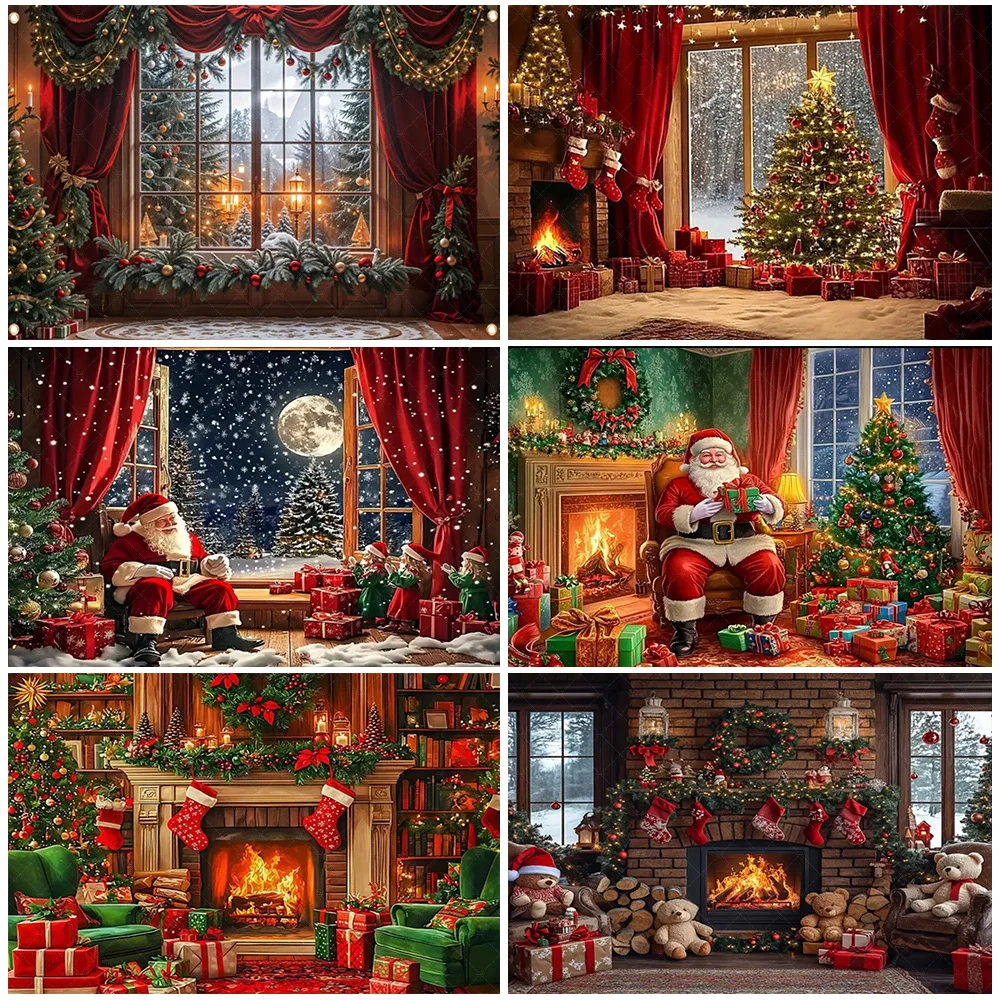 

Merry Christmas Backdrop Santa Claus Winter Fireplace New Year Party Decorations Xmas Tree Background Baby Shower Supplies Gifts