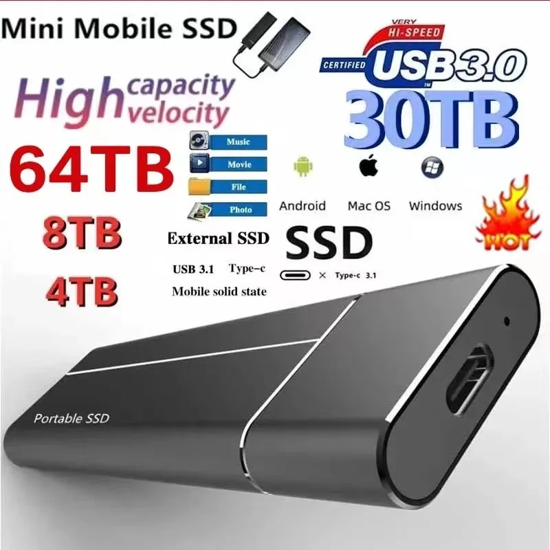 

Portable High Speed SSD Hard Drive 1TB 2TB 4TB 8TB External Solid State Drive USB 3.0 Type-C 16TB Hard Disks For Laptops