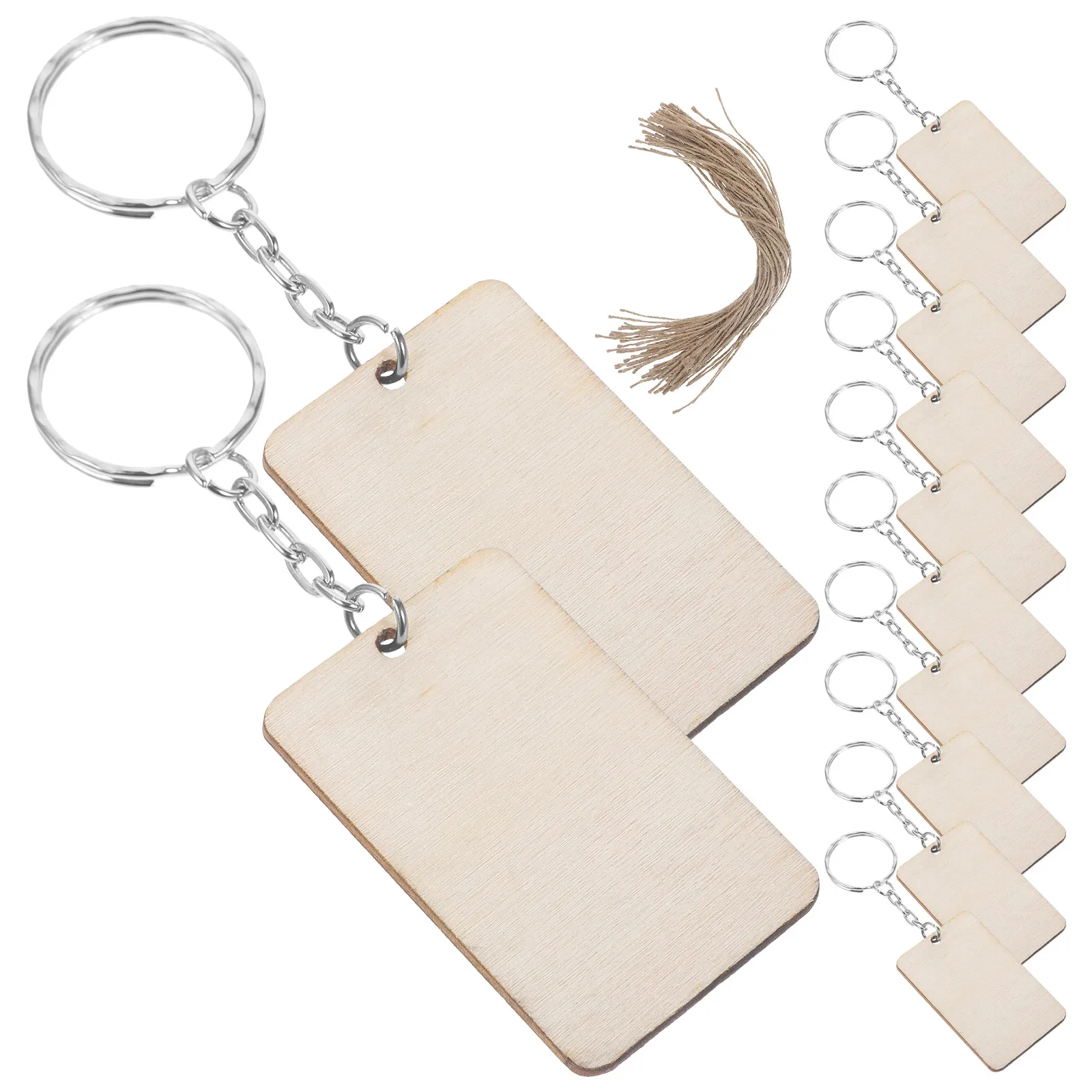 

60 set Wooden Blank Rectangular Pieces Plaything Keyrings Decor Craft Hemp Rope s DIY Sewing Accessories