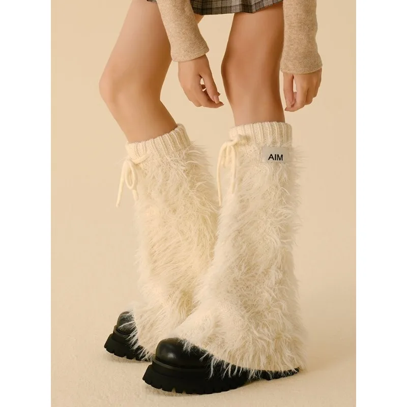 Calentadores de piernas de punto con pelo, color crema y blanco, estilo Y2K para mujer, con cordón ajustable, cubrebotas acampanados, estilo urbano estético de invierno, puños para botas.