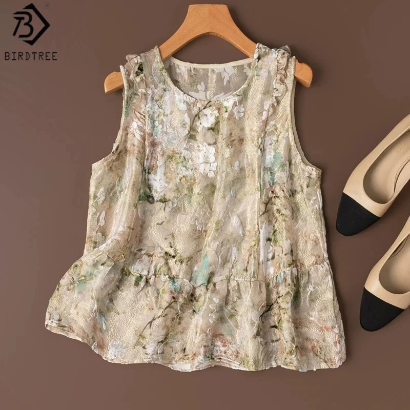Birdtree, Silk Blended Thin Tank Top, O-neck Sleeveless Vest, Women Burnout Velvet Loose Sheer Tops, 2026 Summer New T65012JF