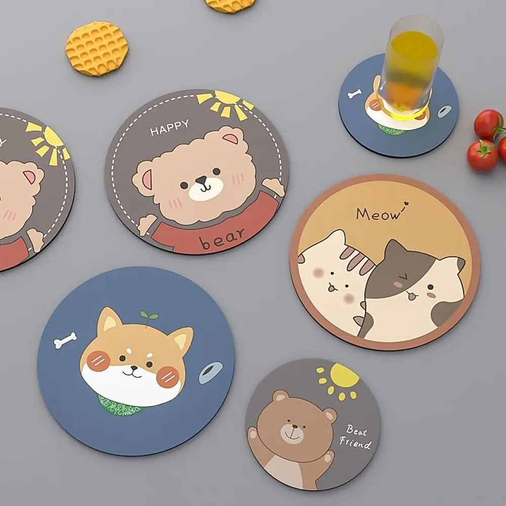 Cartoon S/L Coasters Bear Dog Cat EVA Heat Insulation Pad Round Waterproof Table Mat Home Kitchen
