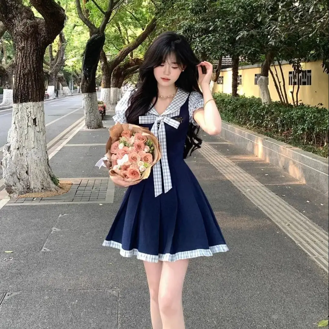 

College Style Sweet Fake Two-Piece Plaid Contrasting Dress Women 2025 Summer New Style Waist-Hugging Slim Design Short Skirt