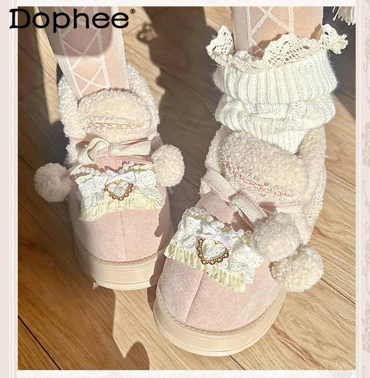 

Japanese Style Original Sweet Cute Pom-Pom Bow Thick-Soled Snow Boots Winter Fleece-Lined Thickened Warm Furry Short Boots