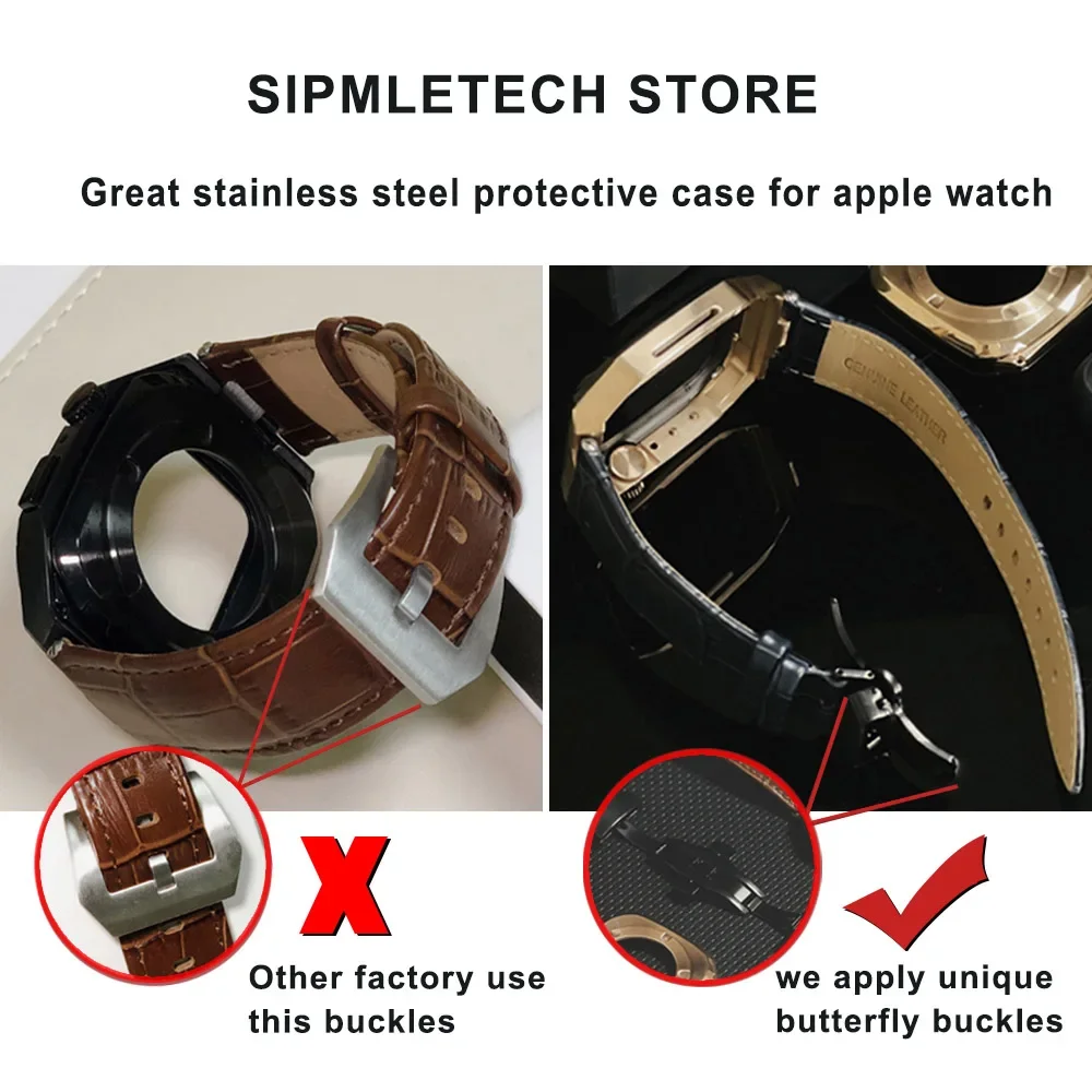 Luxury Stainless Steel Modification Mod Kit for Apple Watch 8 7 45mm Rubber Strap Metal Case for iWatch 6 5 4 3 SE 44mm Band Set