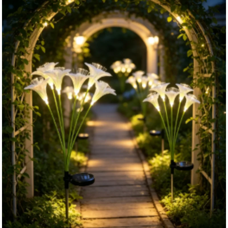 Waterproof Solar Lily Flower LED Light Fiber Optic Outdoor for Garden Yard Lawn Pathway Patio Walkway Backyard Decor New