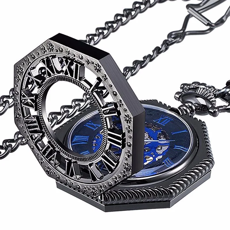 Luxury Golden Mechanical Pocket Watch for Men Women hollow Dial Roman Hexagon Case Fob Chain Pendant Clock for Collection Gift