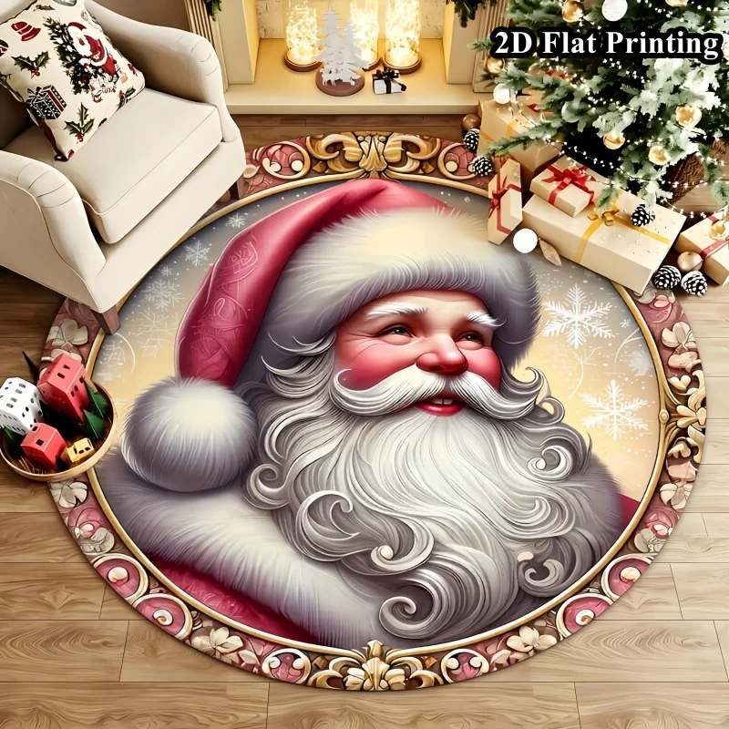 Classic Santa Claus Wreath Moonlit Forest Merry Christmas Round Rug For Fireplace Hearth Featuring Traditional Joy Carpet Cheer