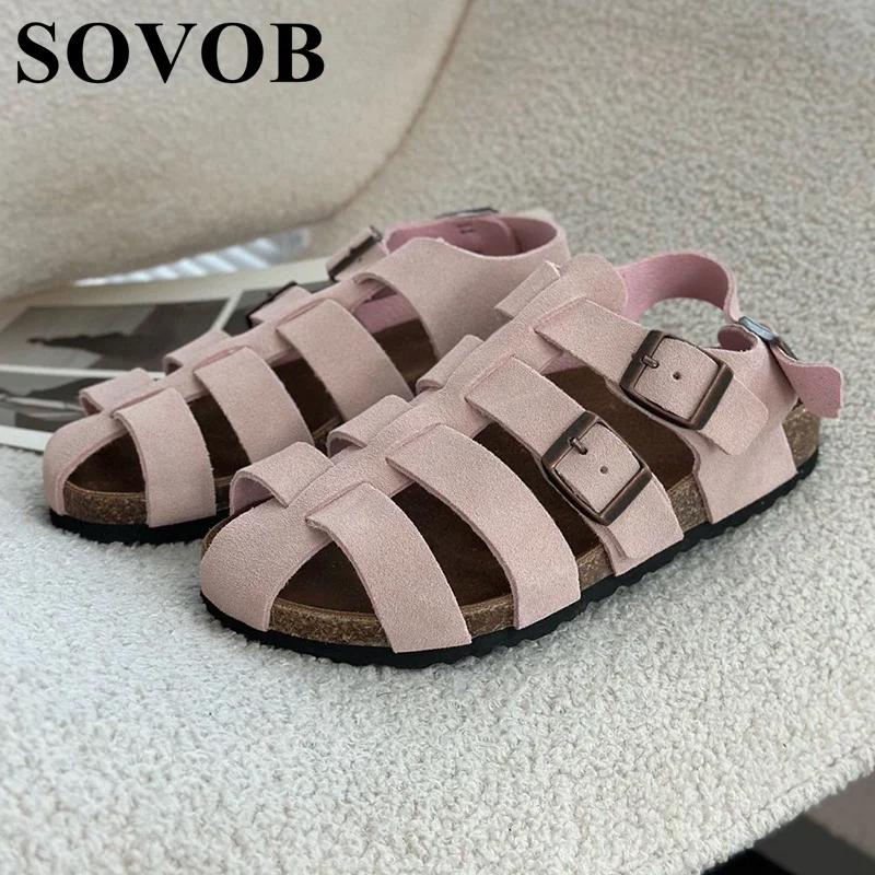 

New Summer Retro Closed Toe Sandals Women Flat Bottom Simple Belt Buckle Gladiator Sandalias Vacation Versatile Single Shoes