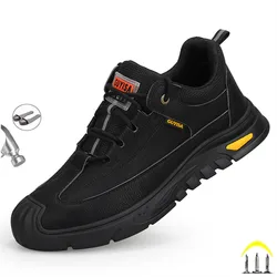 Zapatos de seguridad de cuero negro para hombre, zapatillas de trabajo impermeables, indestructibles, con punta de acero, transpirables, antigolpes