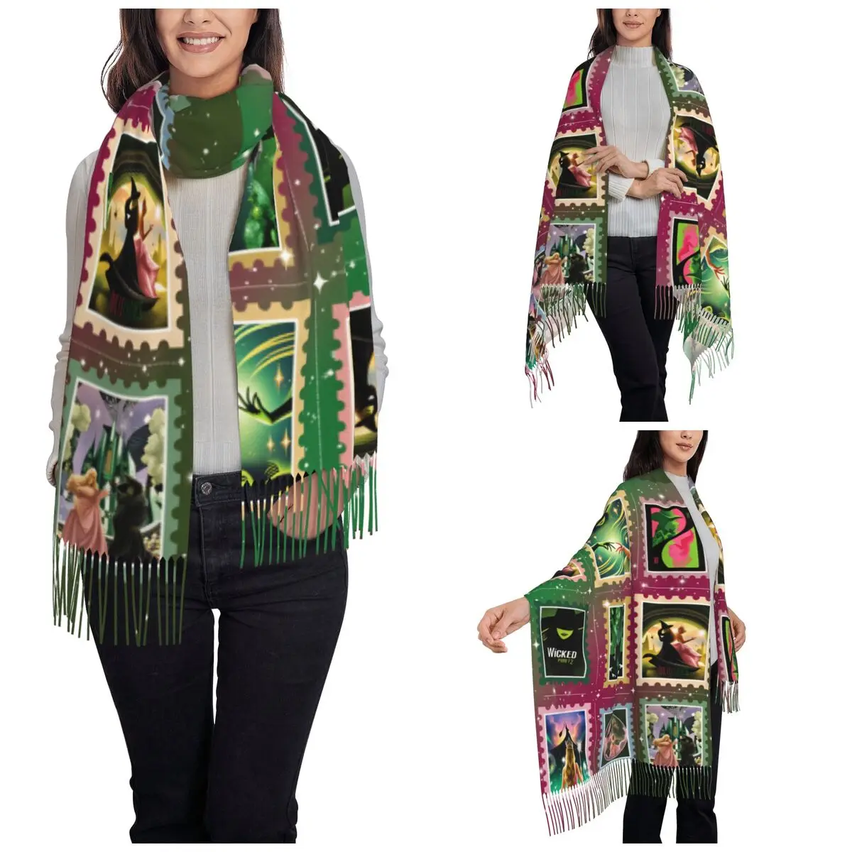 Womens Tassel Scarf Wicked For Good Stamp Large Winter Warm Shawl Wrap Witch Wizard Fantasy Gifts Cashmere Scarf