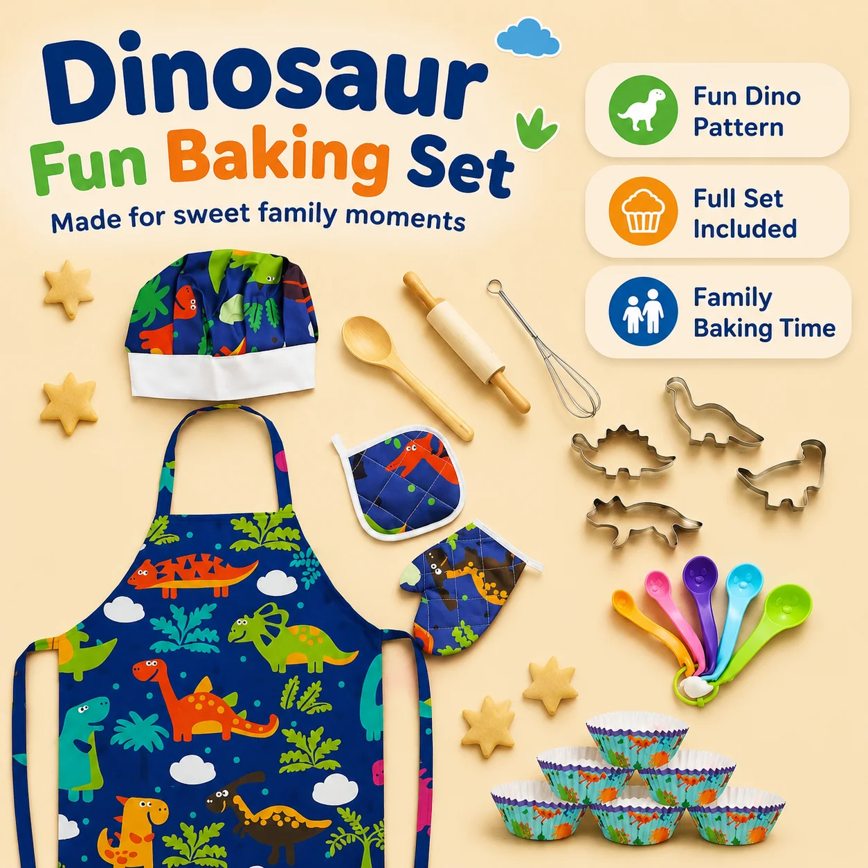 Dinosaur Kids Baking Set Chef Apron Hat Mitt Cooking Tools Kit Child DIY Cookie Cutters Cupcake Liners Kitchen Play Toy Gift
