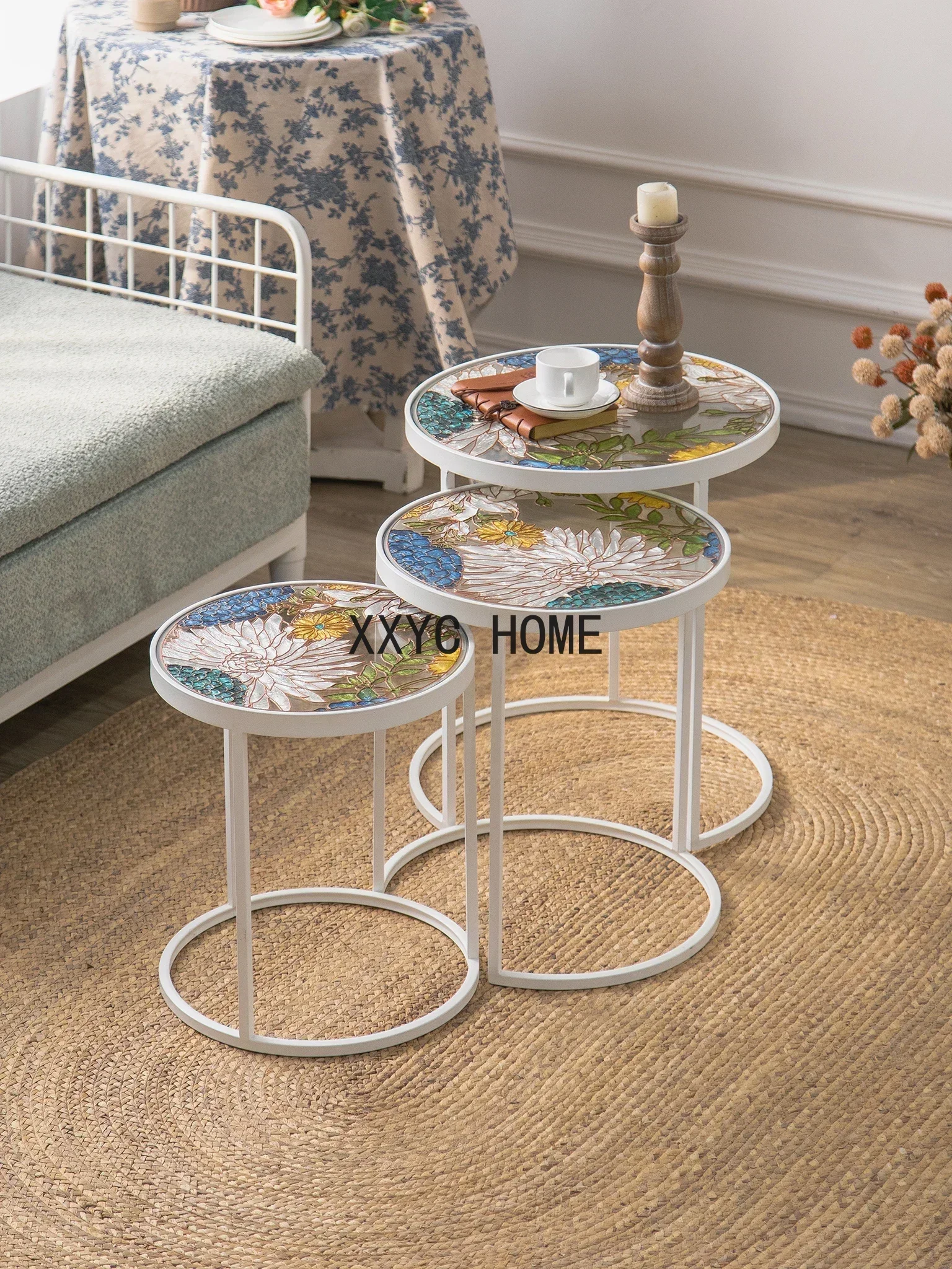 Household Small Apartment Corner Table Sofa Side Table Painted Glass round Combination