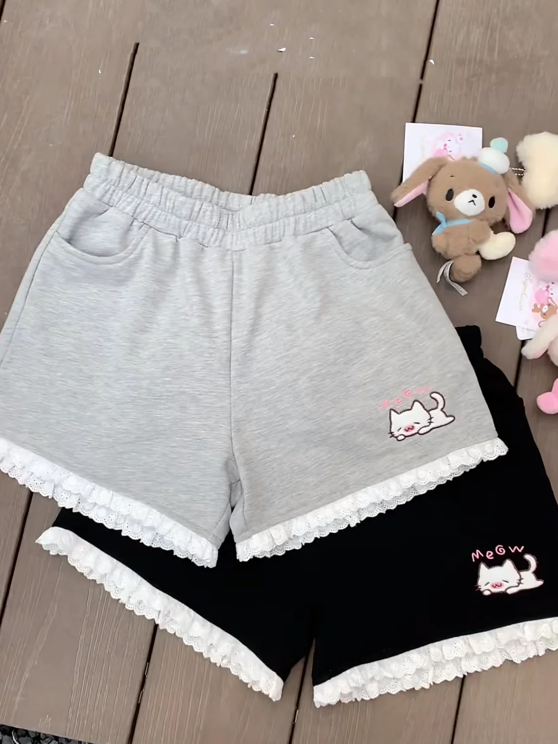 

Shorts Women Lace Patchwork Solid Color High Elastic Waist Korean Fashion Sweet Casual Daily Loose Girlish Age-reducing Workout