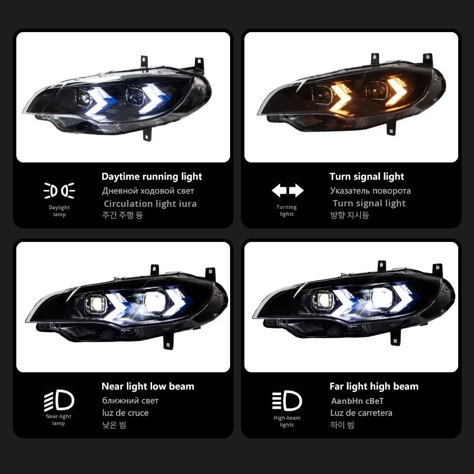 For 08-14 for X6 Headlight Assembly E71 Modified New Arrow Dual-Color Led Daytime Running Light Lens 12V