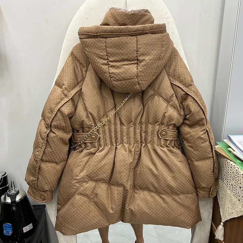 2023 Winter Women Short Parka Thick Plaid Puffer Coat Female Hooded 90% White Duck Down Jacket with bag