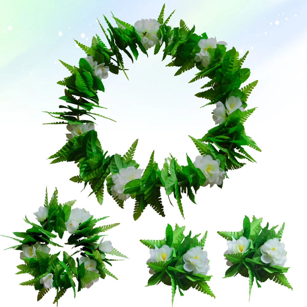 

4 Pcs Floral Wreath Set Artificial Flowers Lightweight Hawaiian Accessories Headband Necklace Bracelets for Festivals Luau Party