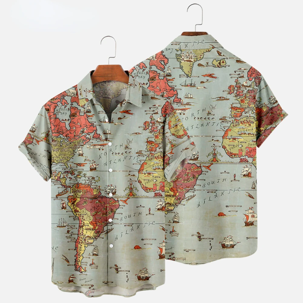 Camisas hawaianas con estampado 3d de mapa para hombres y mujeres, Camisa informal con solapa de vacaciones, Camisa de playa de verano, blusa de viaje informal