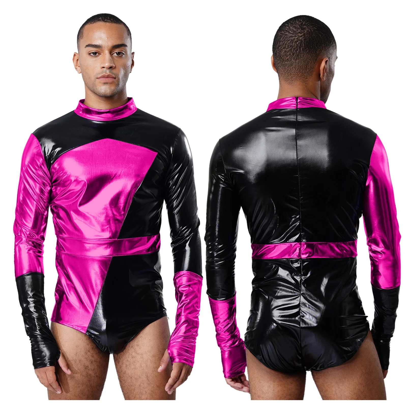 

Men's Fashion Metallic Bodysuit for Car Racing Driver Speeding Competition Outfits Stylish Color Block Party Club Dance Jumpsuit